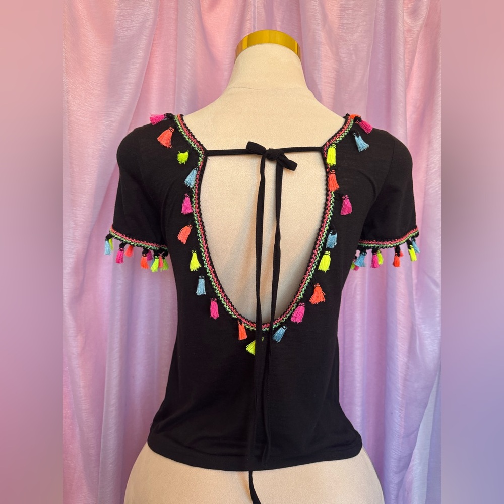 Black Tassel-Trim Open-Back Women's Top